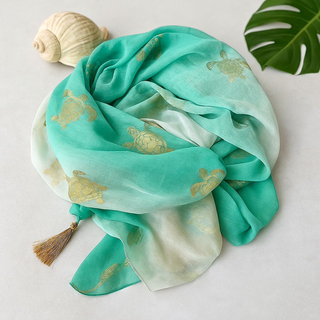 Nomad Sari On the Med Kollektion – Pario – Weiß-Türkis-Gold-Schildkröten-Design