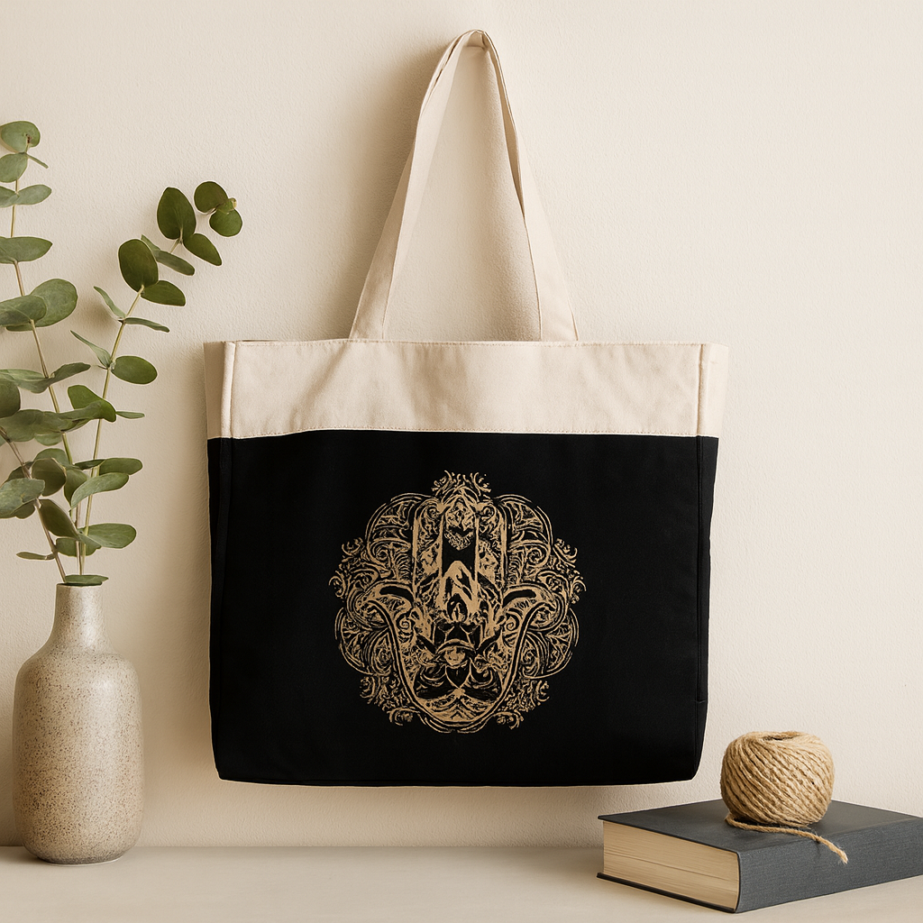 Oversized Chocolate Canvas Zip-Top Tote Bag, Gold Hamsa