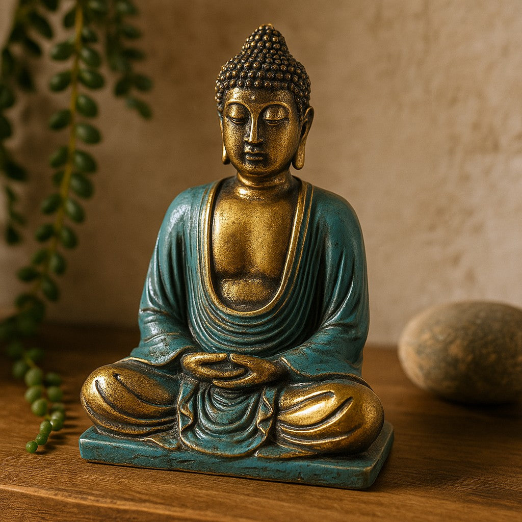 Boeddha Beeld Meditatie Houding Teal en Goud Medium