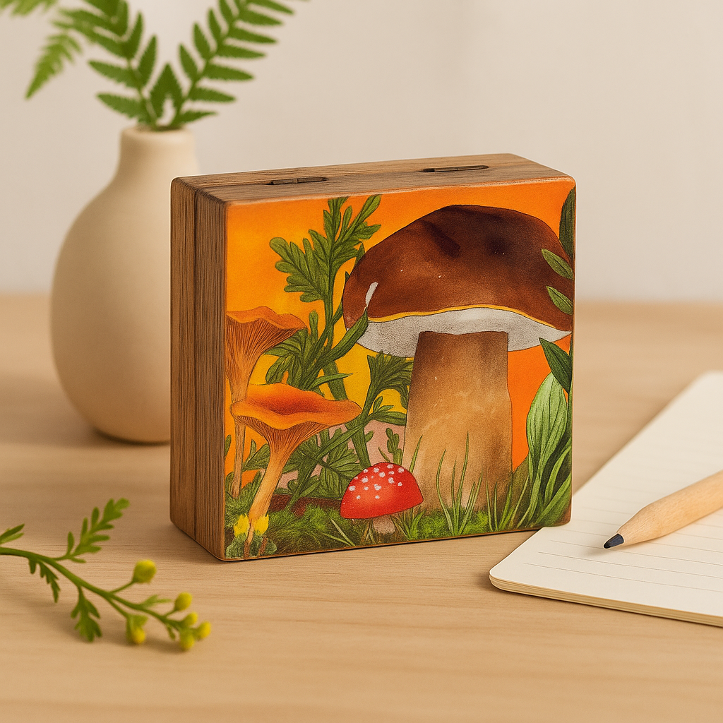 Эмалированная квадратная коробка 10x10x4.2см с дизайном грибов бордового цвета