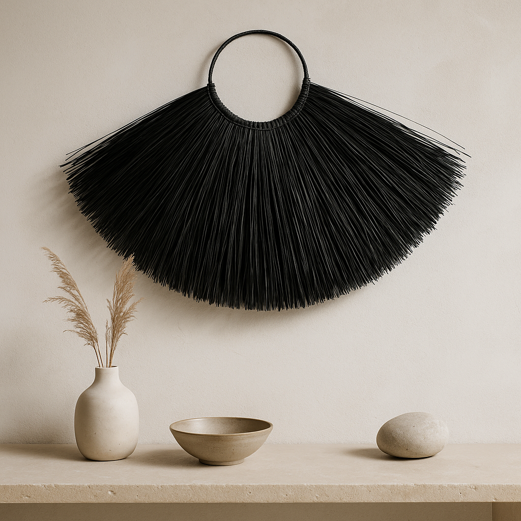 Decor de perete evantai din iarba de mare mare negru
