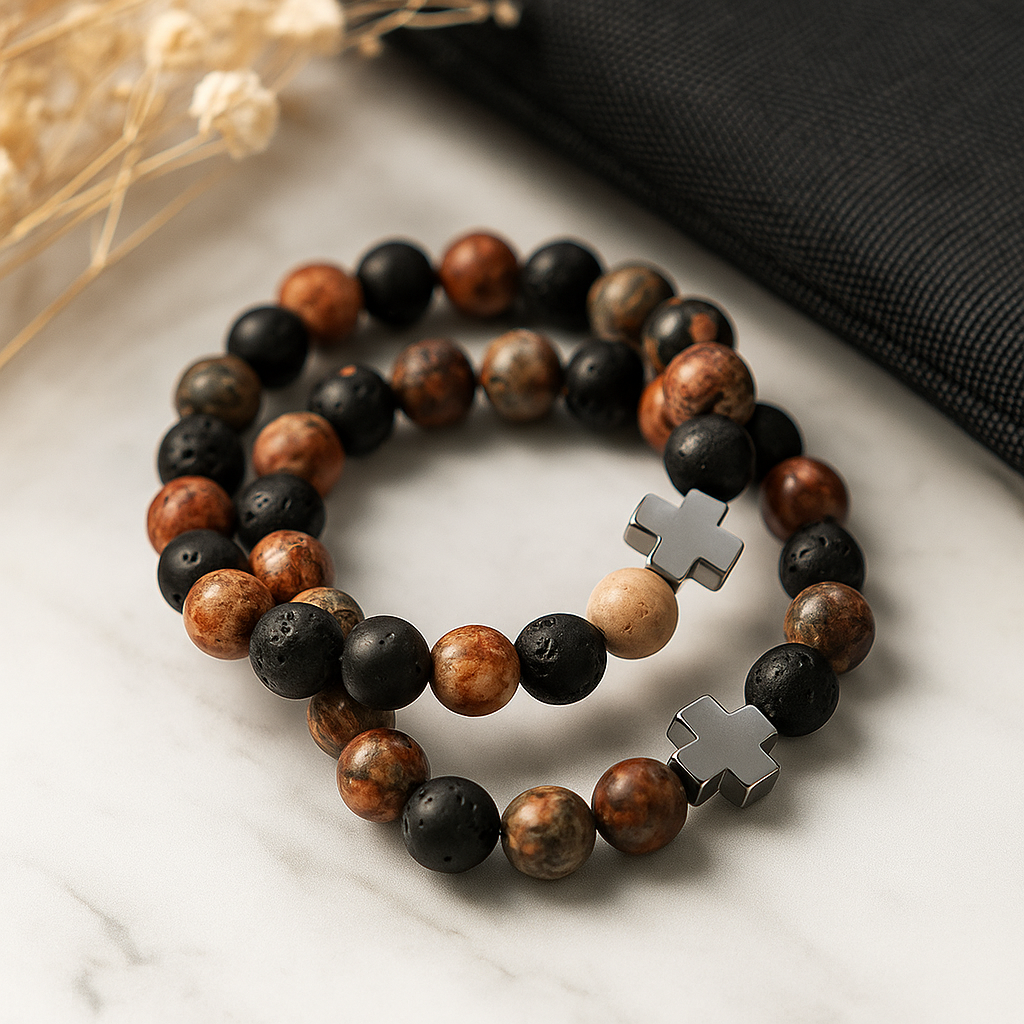 Armbanden voor stellen set Luipaardhuid jaspis lavasteen