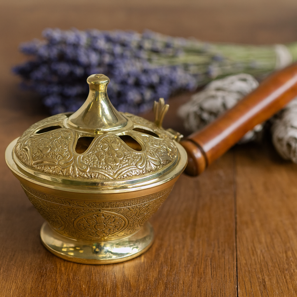 Szilárd sárgaréz füstölőtartó fából készült fogantyúval