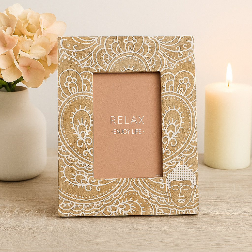 Stor billedramme mangotræ 13x18cm hvid Buddha