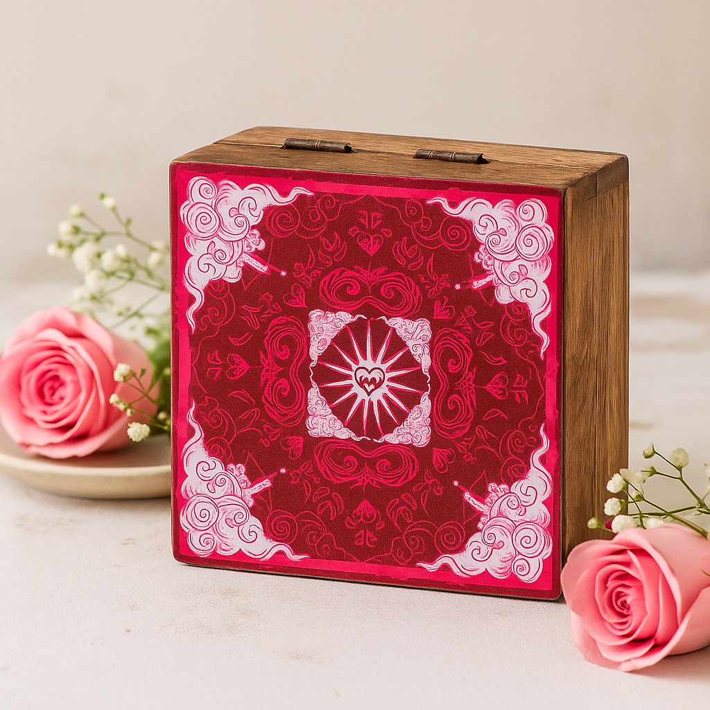 Small Enameled Square Trinket Box, Heart and Cupid