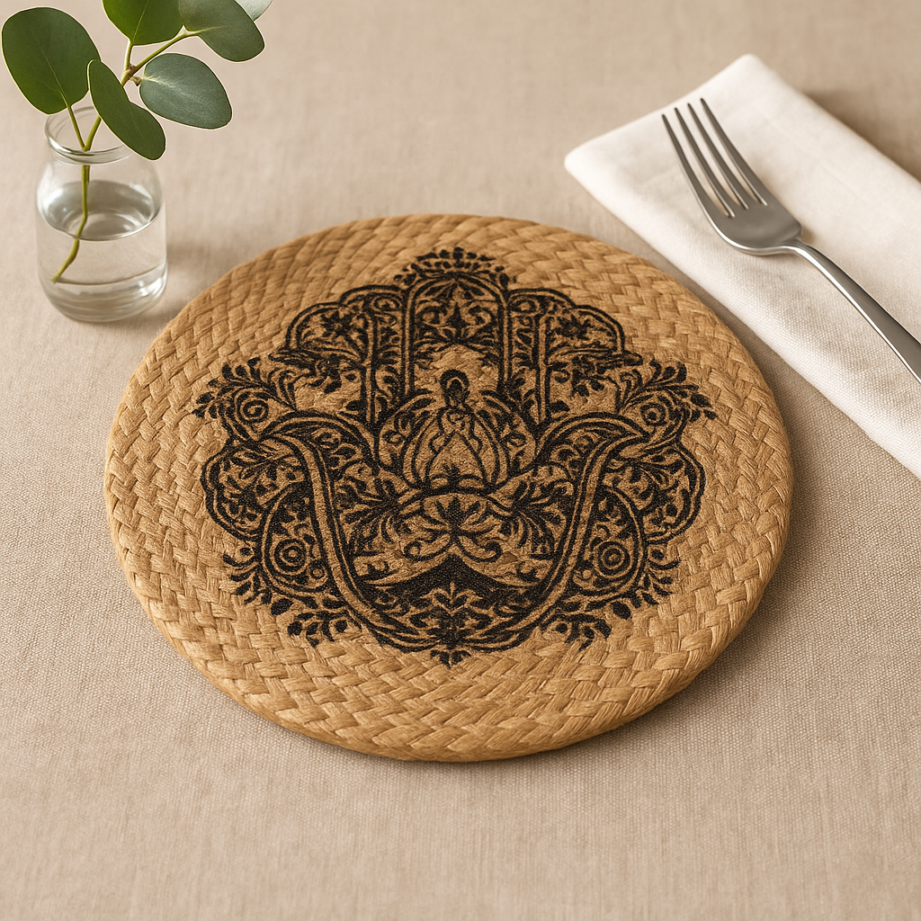 30cm jutová prestierka s potlačou Hamsa