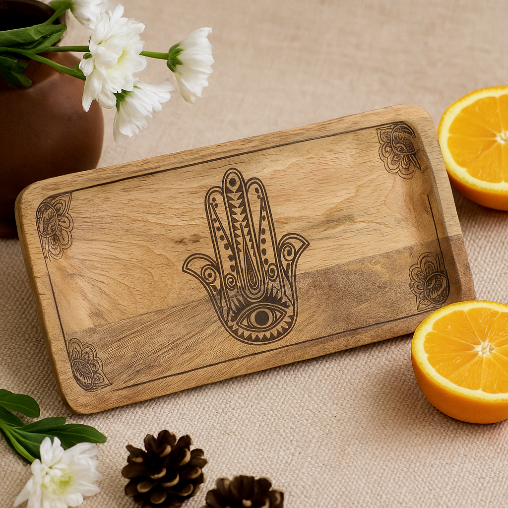 Langes Tablett 30x15x2,5cm - Hamsa-Design schwarz eingraviert