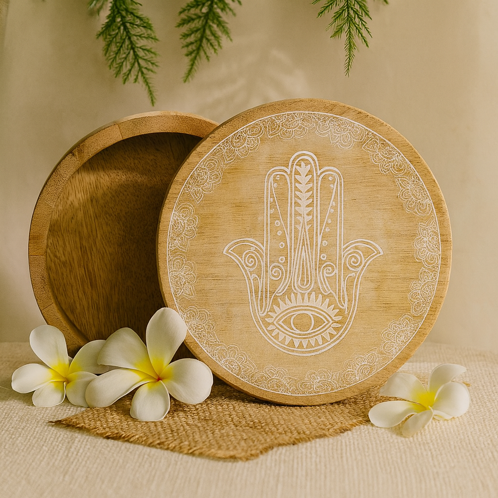 Caja redonda con cara de Buda encalada, 17,5 x 7,5 cm