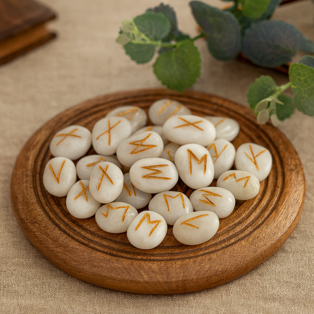 Runenstein-Set aus weißem Achat im Beutel