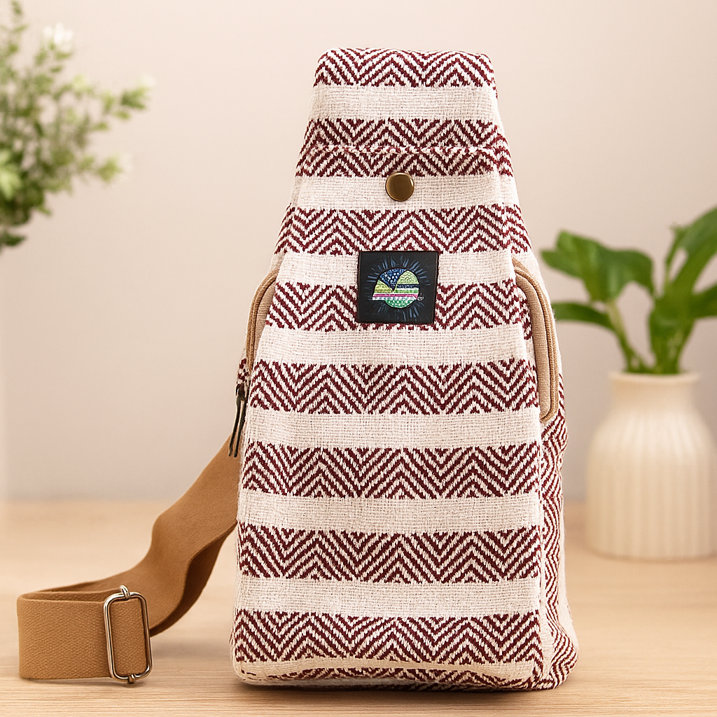 Geantă crossbody din bumbac natural burgundy și alb