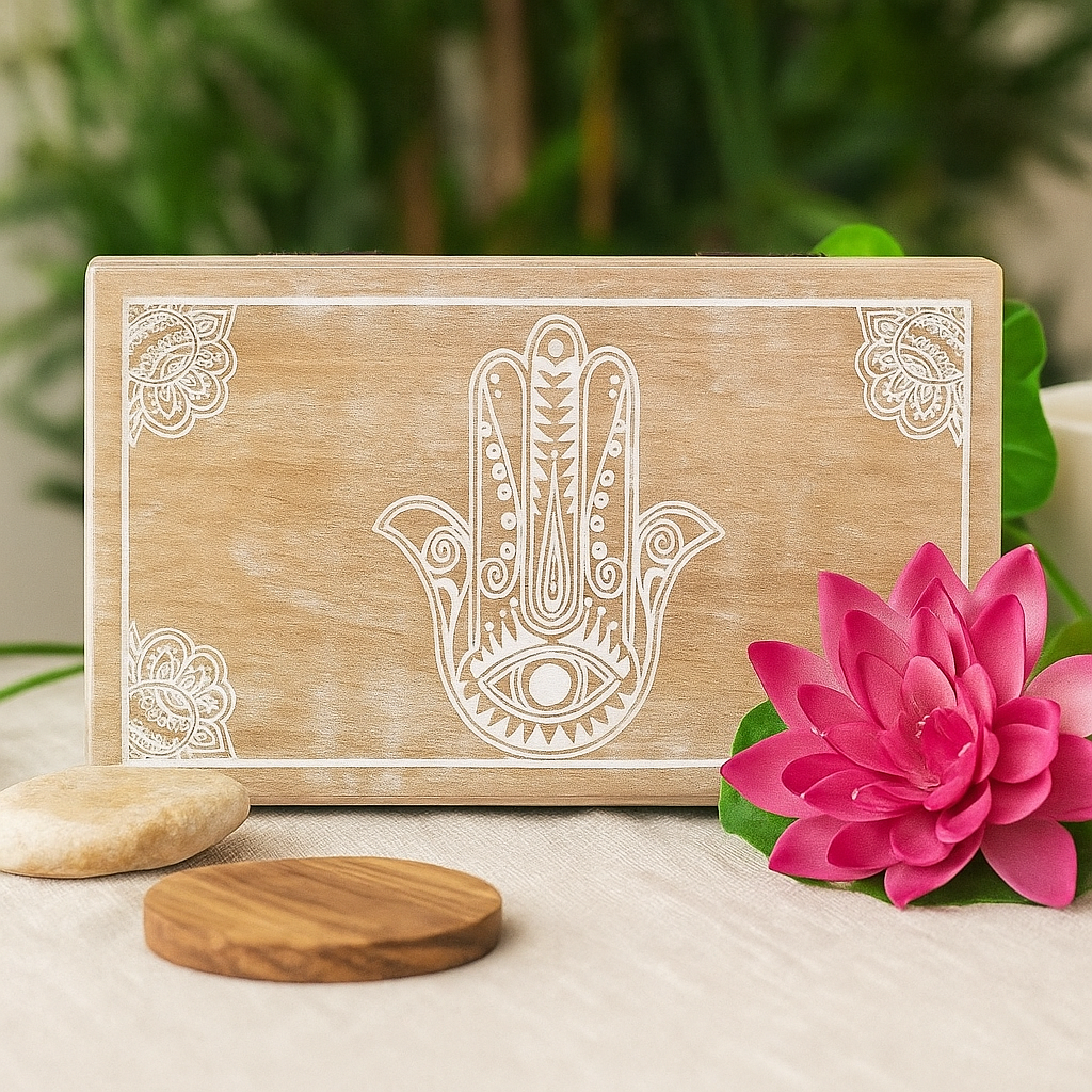 Caixa Quadrada Média Hamsa Branco Envelhecido 17x10x4.2cm