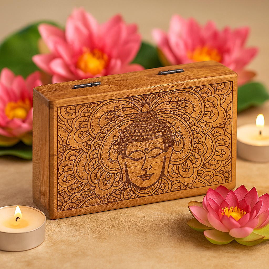 Négyzet alakú doboz Buddha arc fekete gravírozott 17x10x4.2 cm