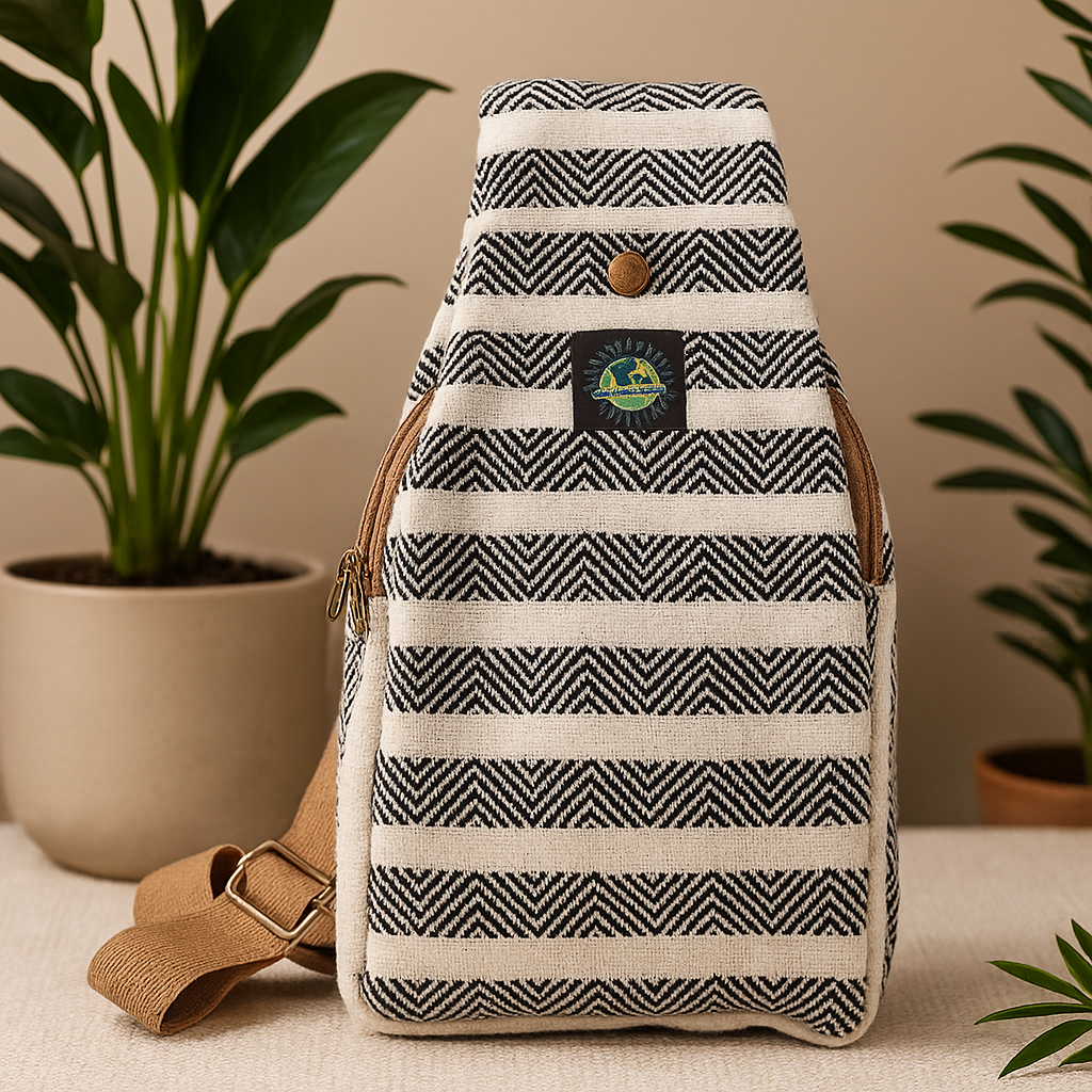 Sac bandoulière en coton naturel noir et blanc