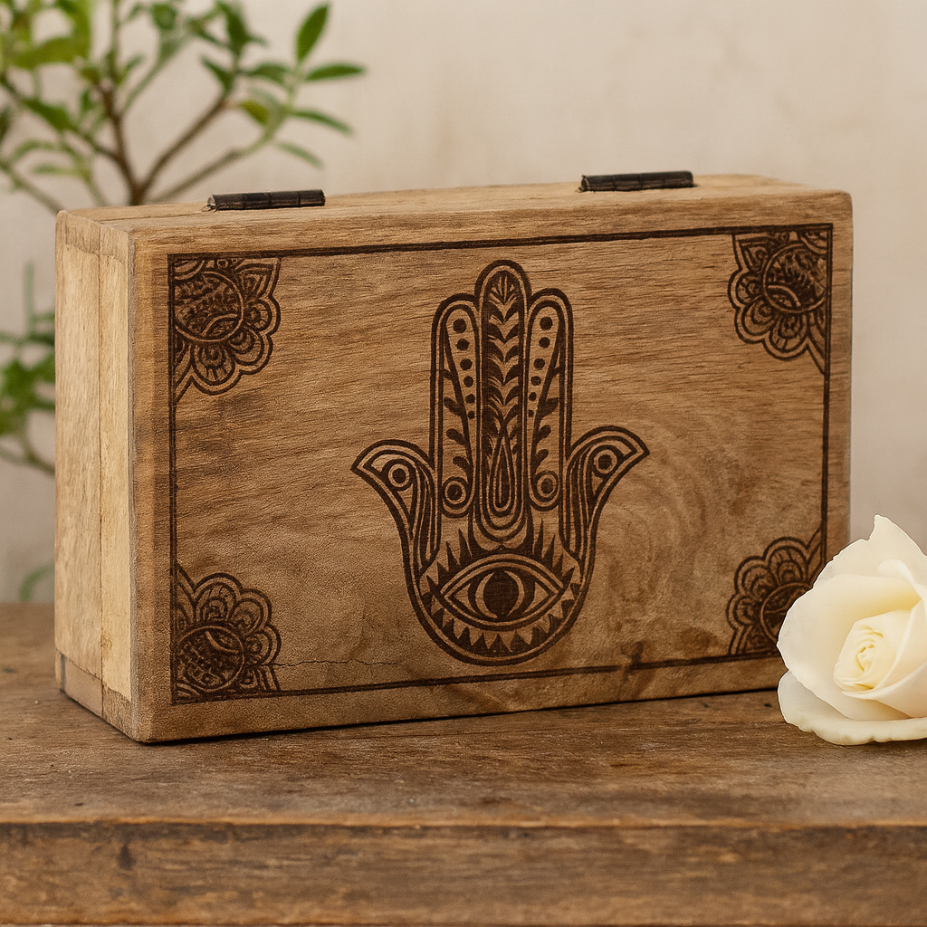 Средняя квадратная черная коробка с гравировкой Хамса 17x10x4.2см