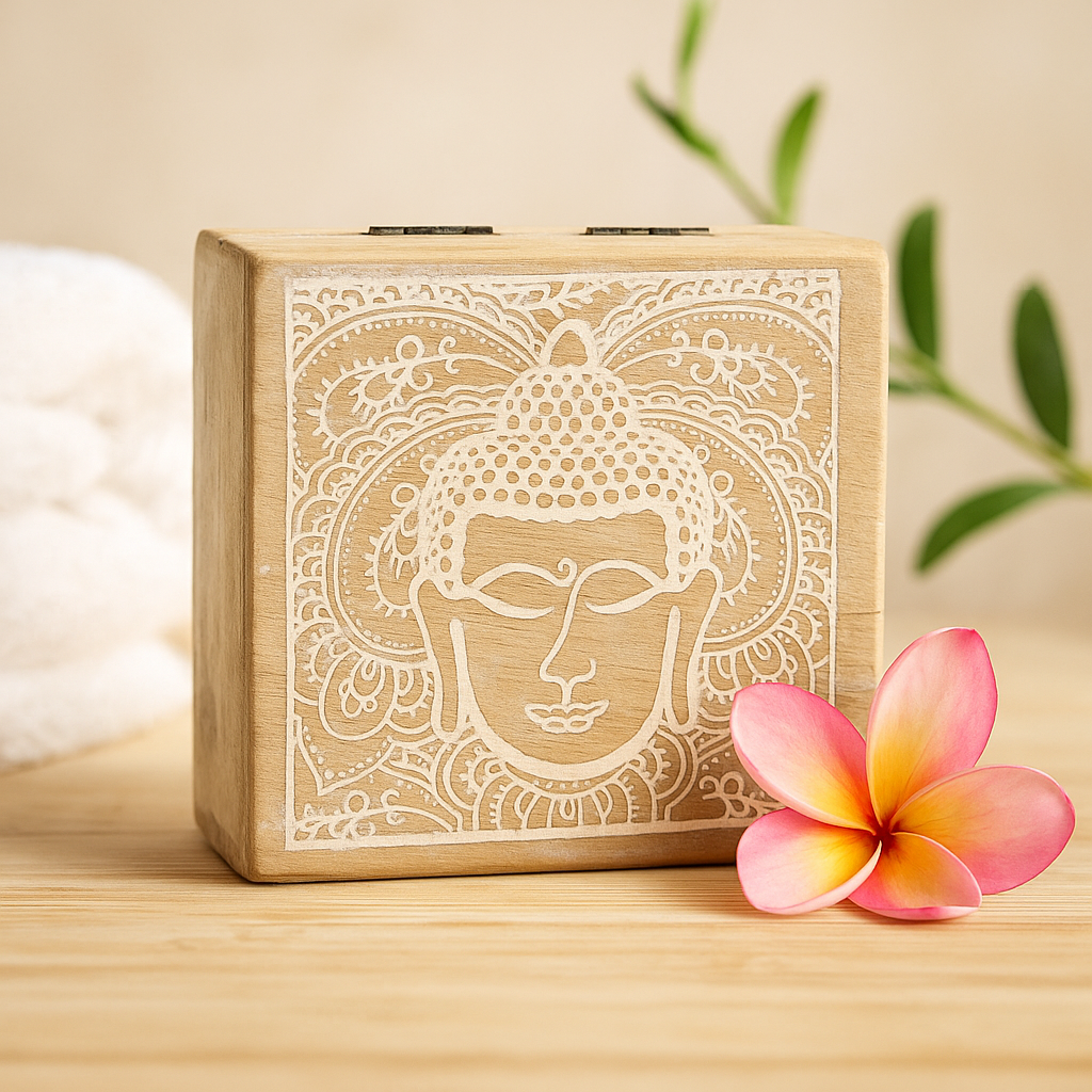 Квадратная коробка с лицом Будды, отбеленная, 10x10x4.2см