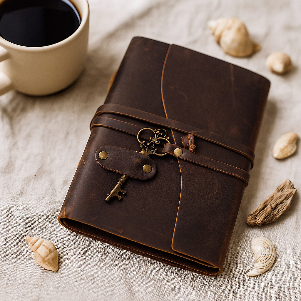 Læderjournal med nøgle, 200 sider 13x18cm