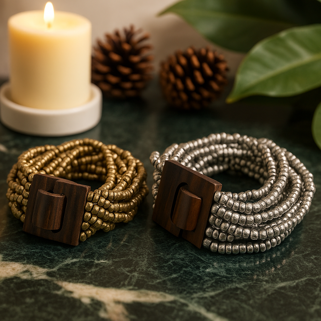 Brazalete con múltiples cuentas y cierre de madera - Surtido de oro/bronce