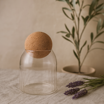 Glass Jar Ribbed With Cork Ball Lid 10cm
