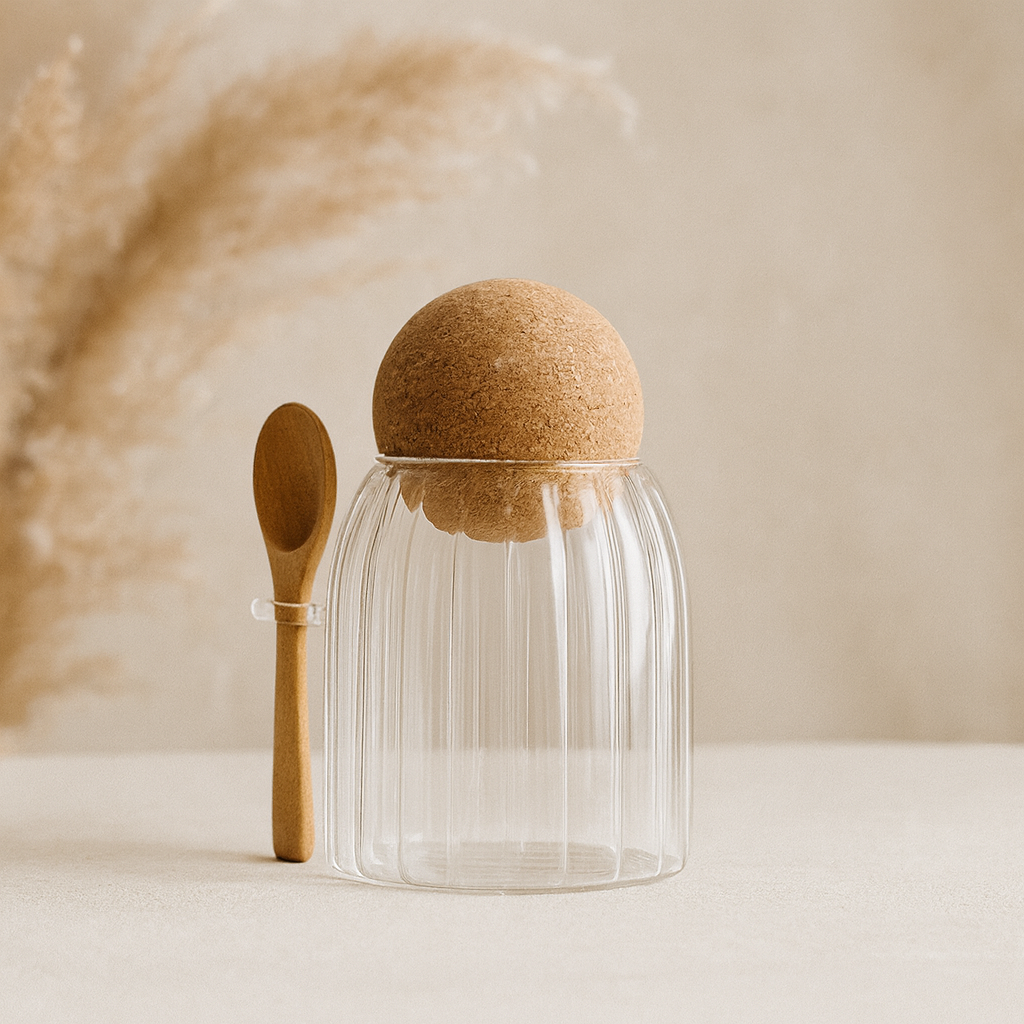 Glass and Bamboo Ribbed Jar with Spoon 10cm