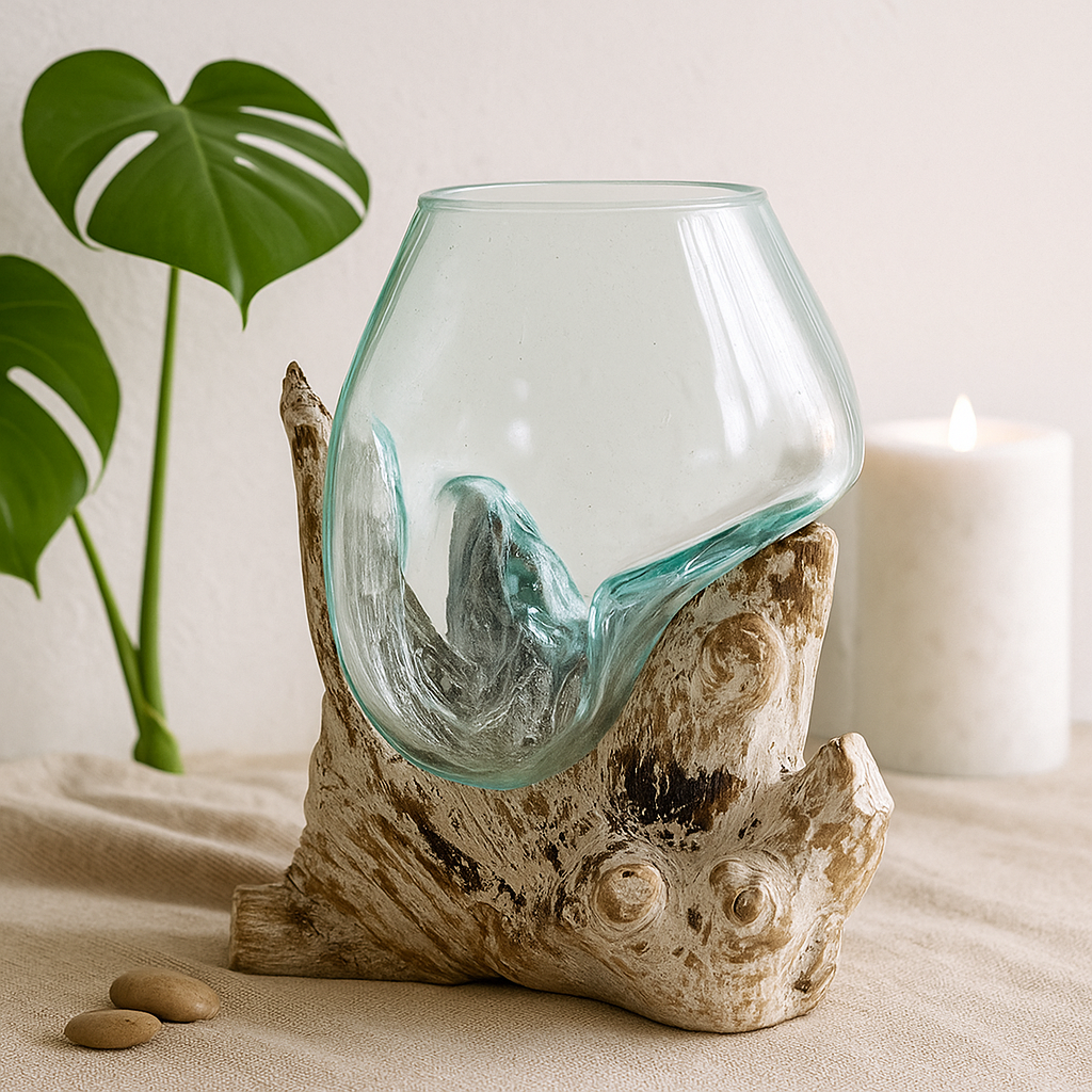 Smält glasskål på drivvedsbas, 18cm