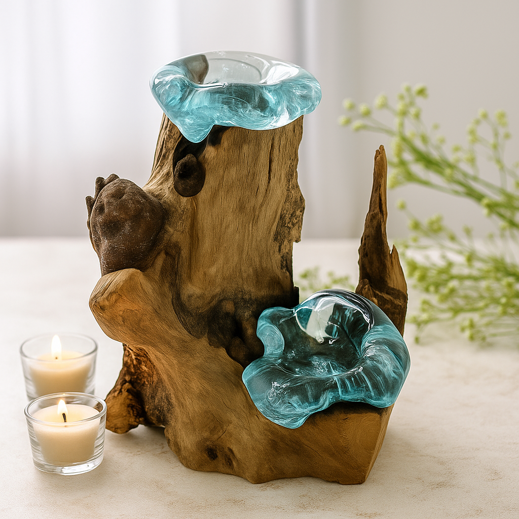 Držač za dvije svijeće, rastopljeno staklo drvena baza