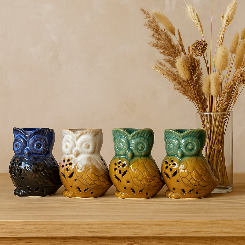 Ceramic Oil Burner Rustic Owl Side View Assorted