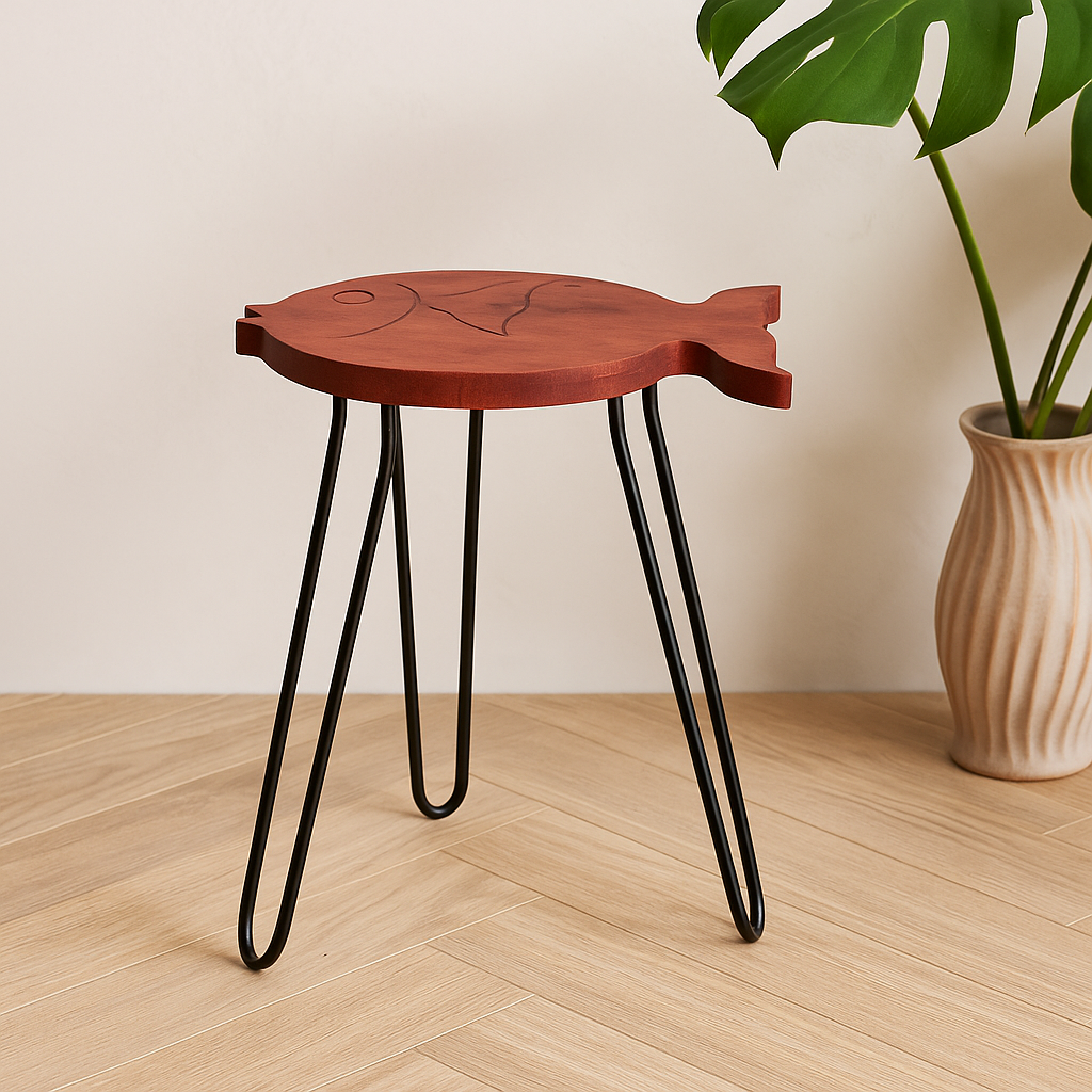 Support à poisson en bois d'albizia et terre cuite