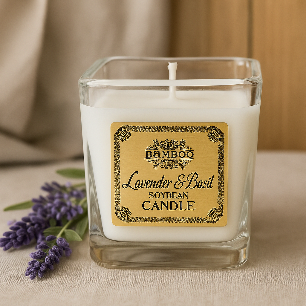 Candela in barattolo di cera di soia profumata alla lavanda e basilico