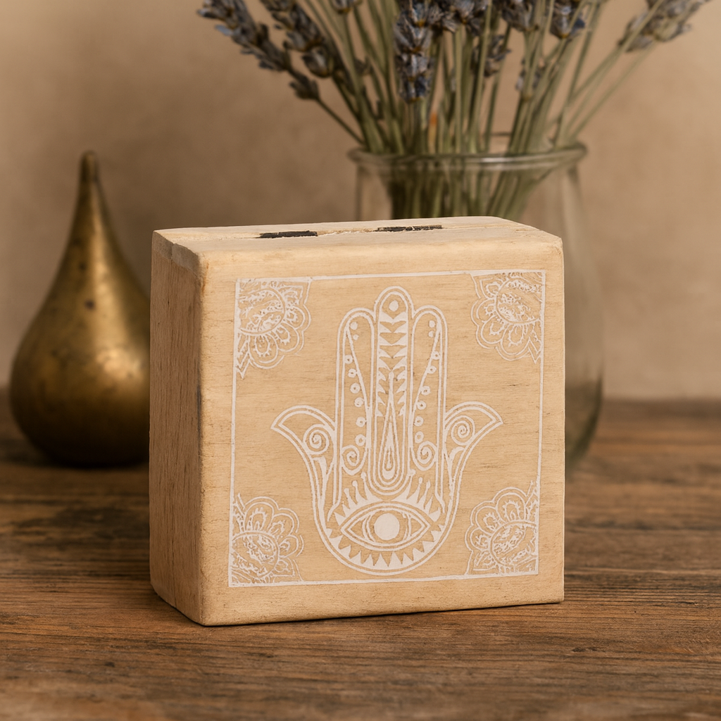 Mala kvadratna kutija Hamsa bijeli premaz 10x10x4.2cm