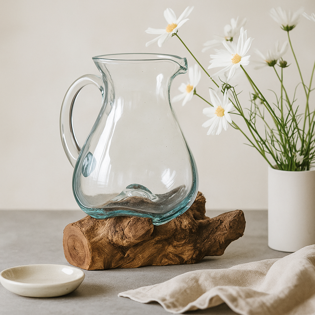 Smält glas vattenkanna på drivved 0,6L