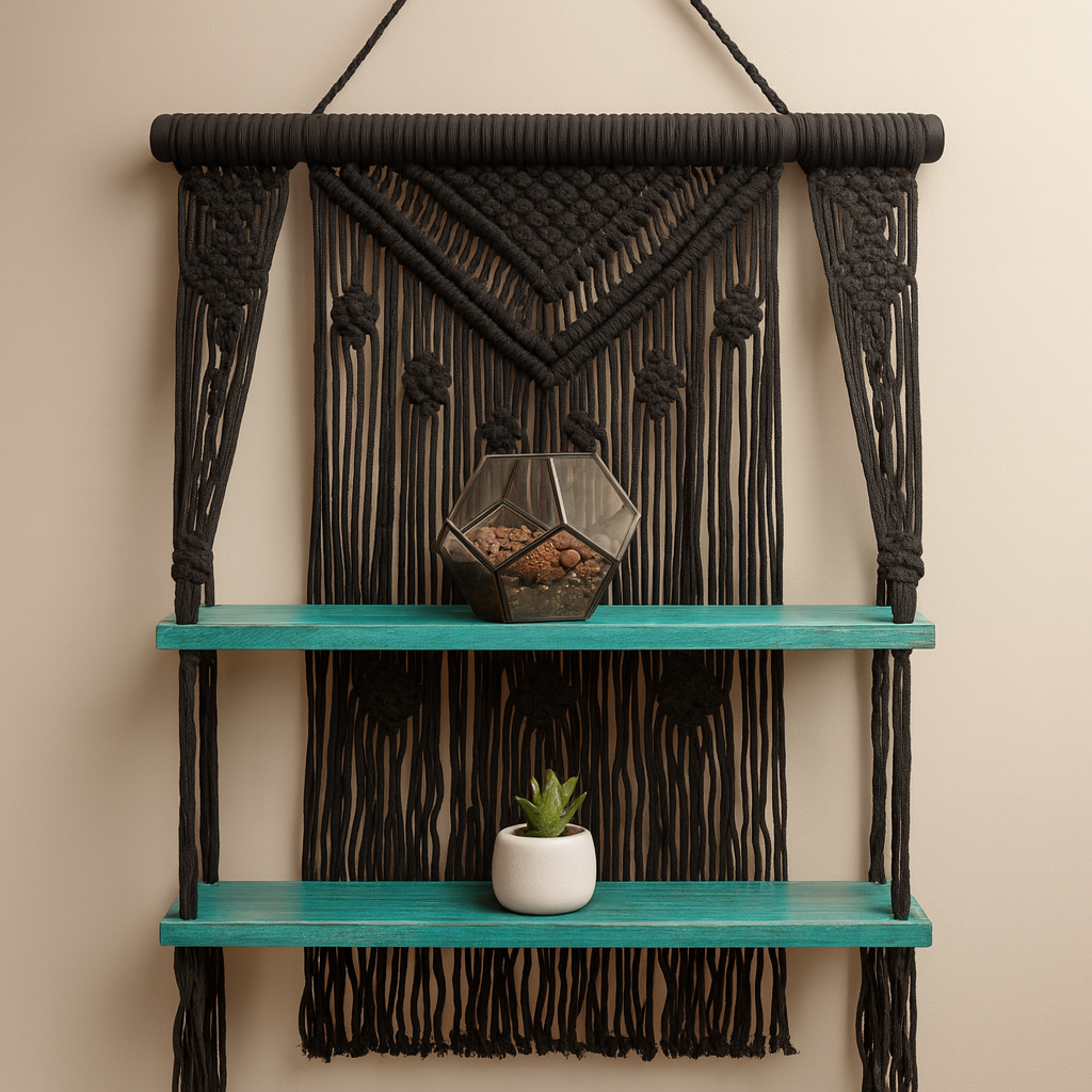 Macrame Hanging Shelves, Black and Turquoise