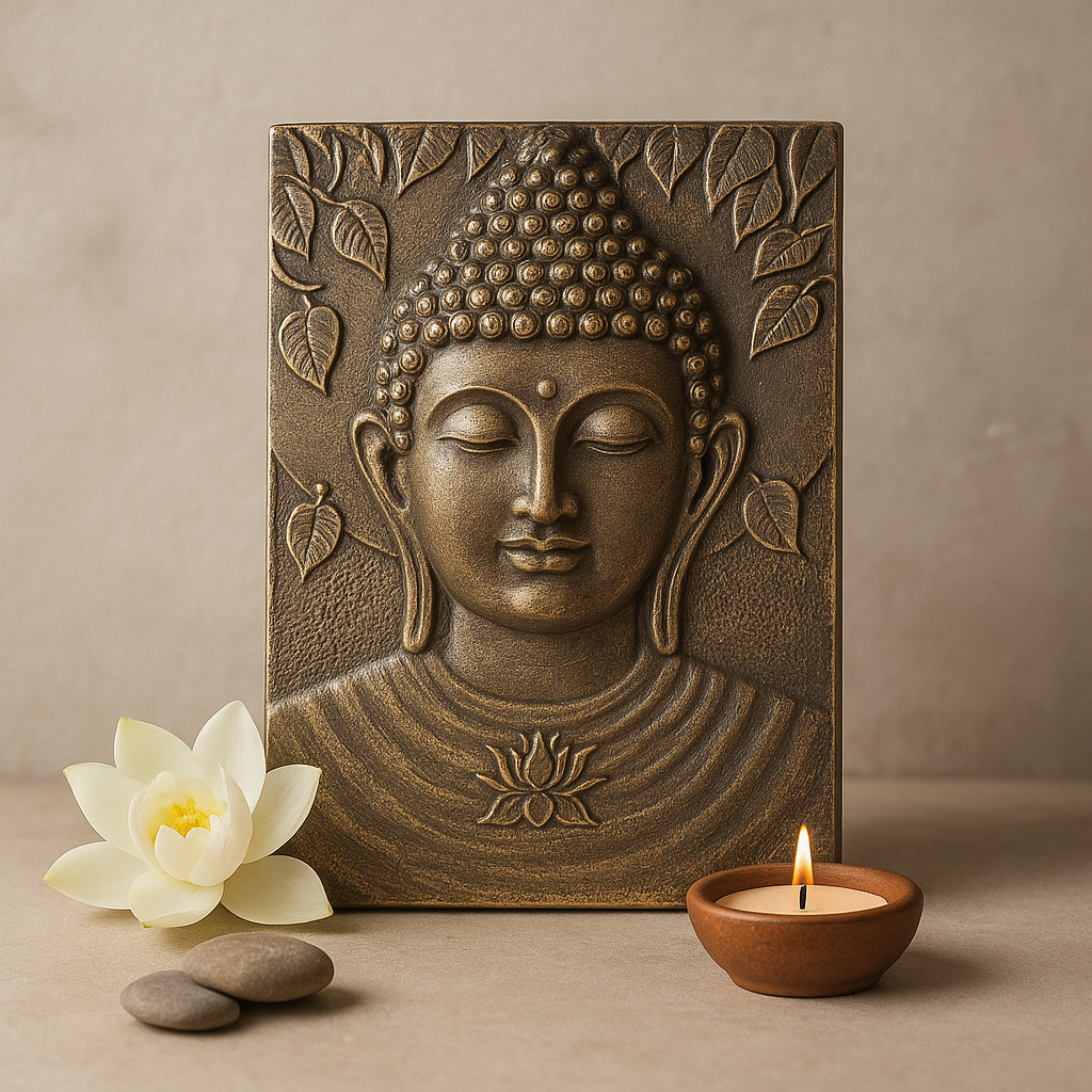 Artă de perete cu relief Buddha frunză aur antic 70x100cm