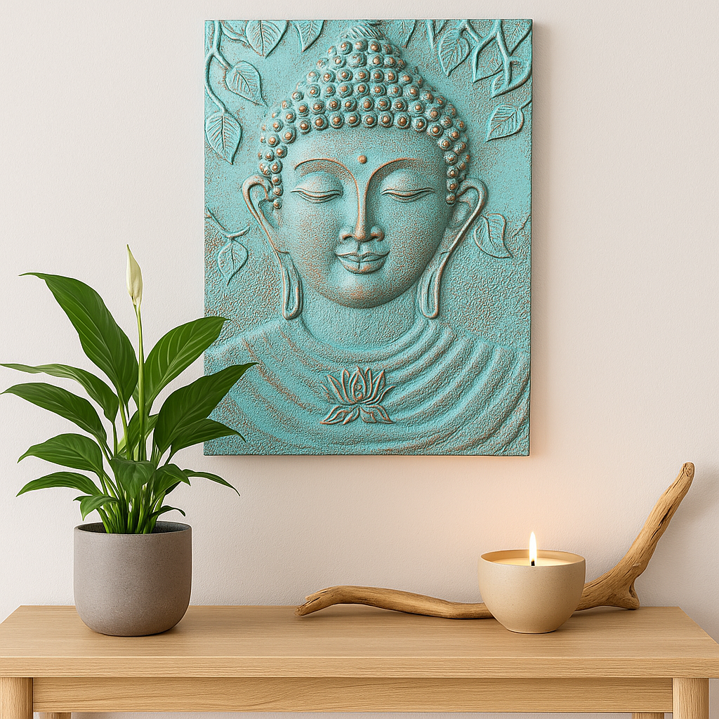 Artă de perete Buddha în relief, frunze de lotus turcoaz