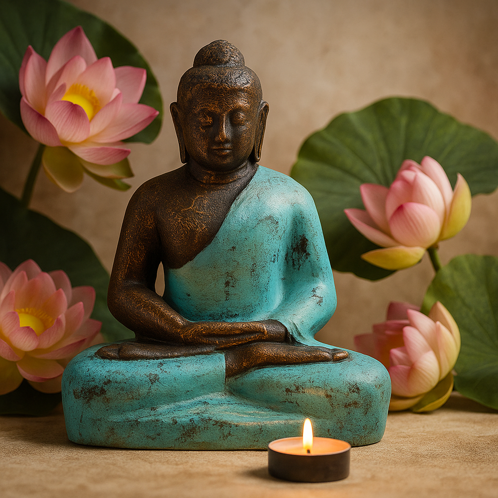 Boeddha Beeld 0.5m Turquoise En Steen Afwerking