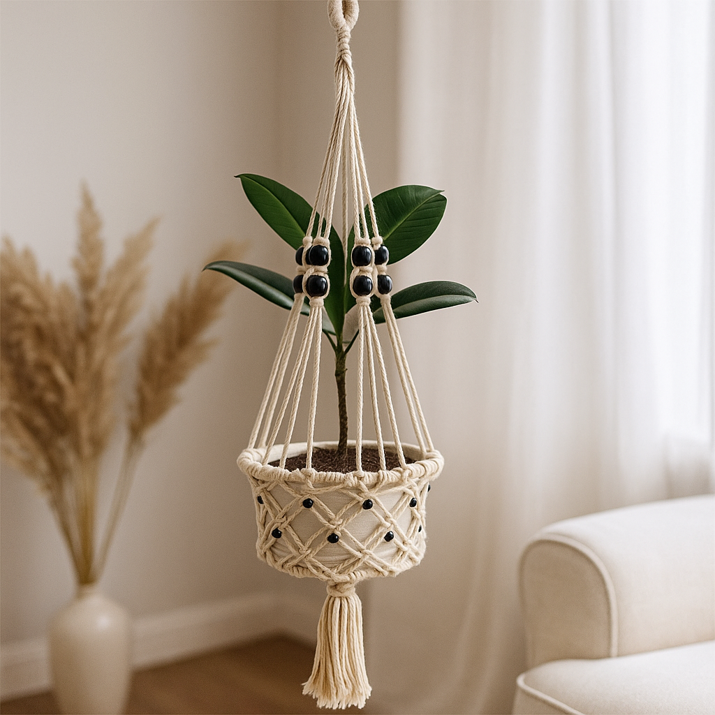 Suport pentru ghiveci de plante macrame cu mărgele