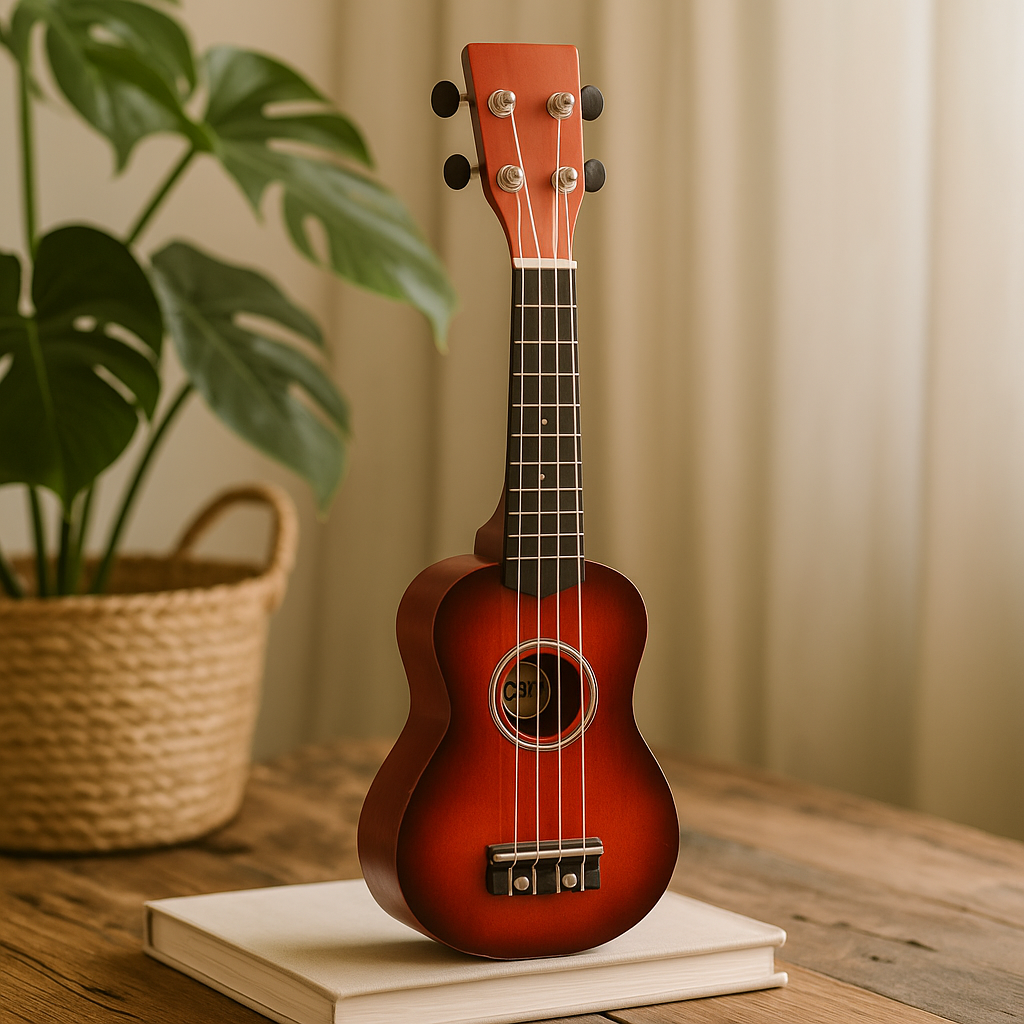 Ukulele 4 corzi finisaj natural sunburst realizat manual în Indonezia
