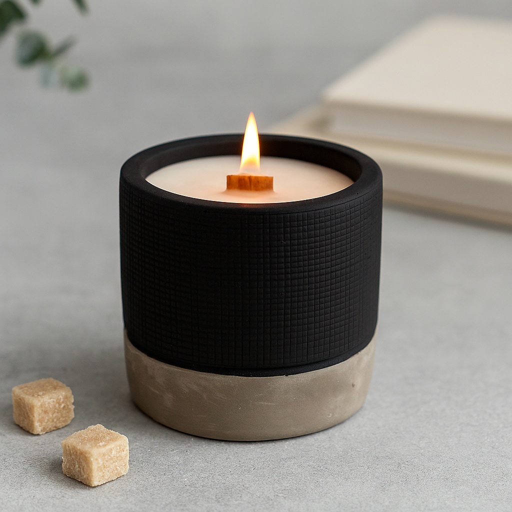 Scented Candle Brandy Butter Black Wooden Wick Concrete