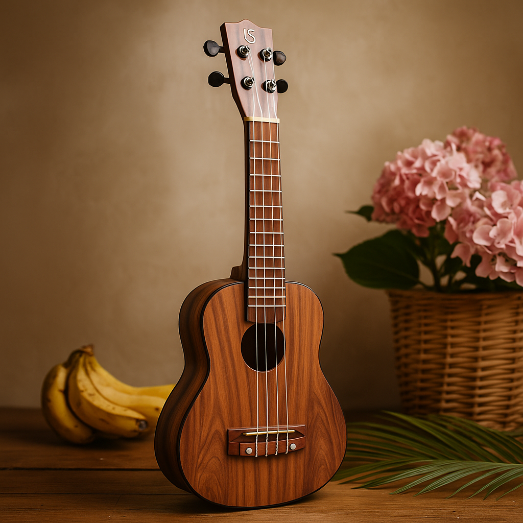 Ukulele cu 4 corzi, lucrat manual, finisaj natural din lemn indonezian