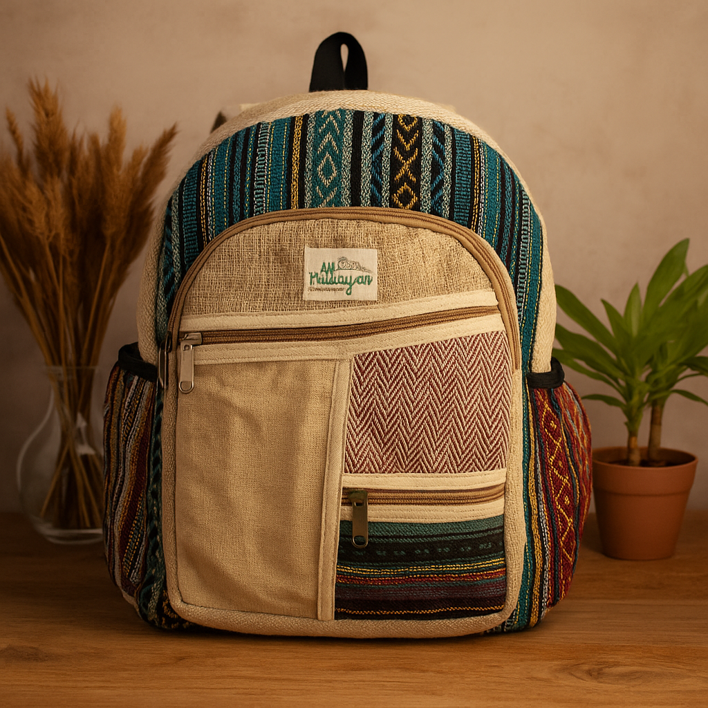 Batoh z konopné bavlny, styl se zipy ve tvaru cik-cak