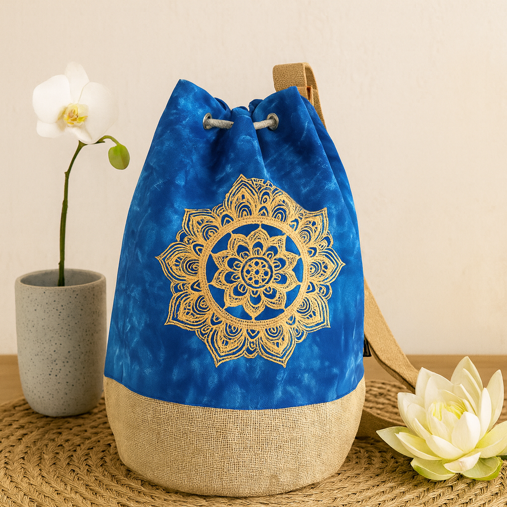 Rucsac cu șnur Albastru Mandala Boem Fund din Iută
