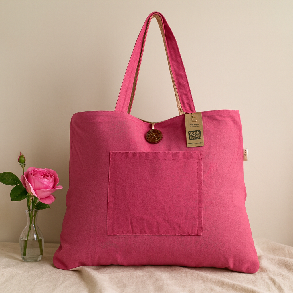 Torba na ramię odwracalna różowa juta bawełna kieszeń z przodu