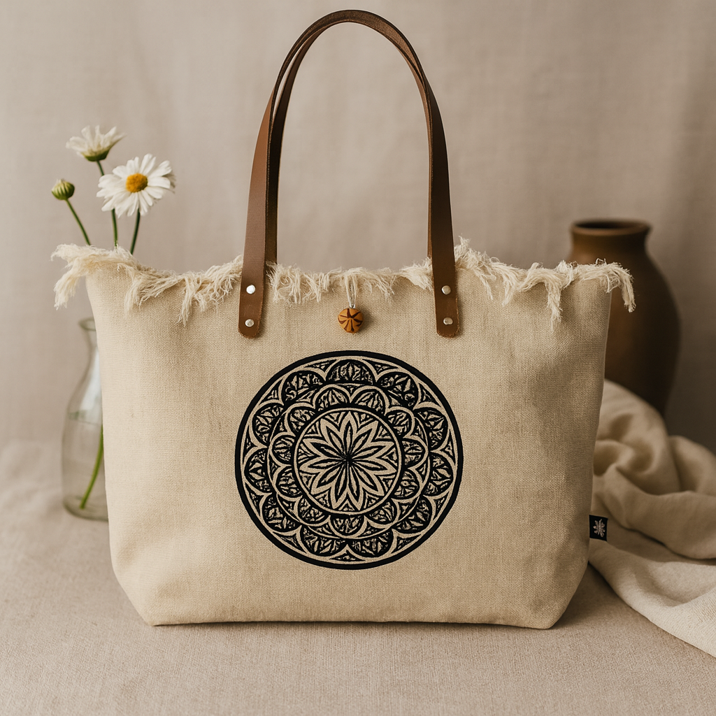 Çanta Çevre Dostu Bej Mandala Kahverengi Deri Saplar