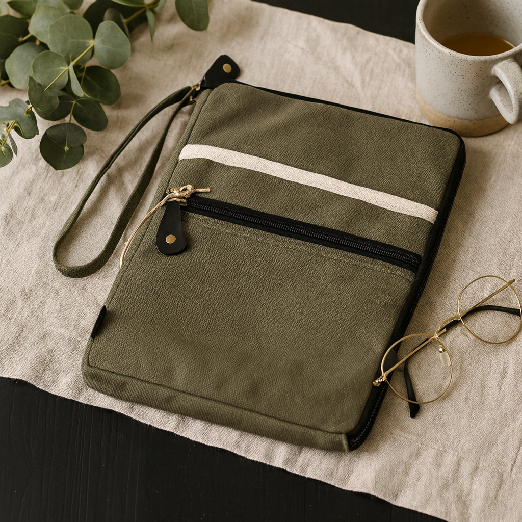 Custodia per laptop in tela oliva per viaggio con accesso rapido e spazio di archiviazione