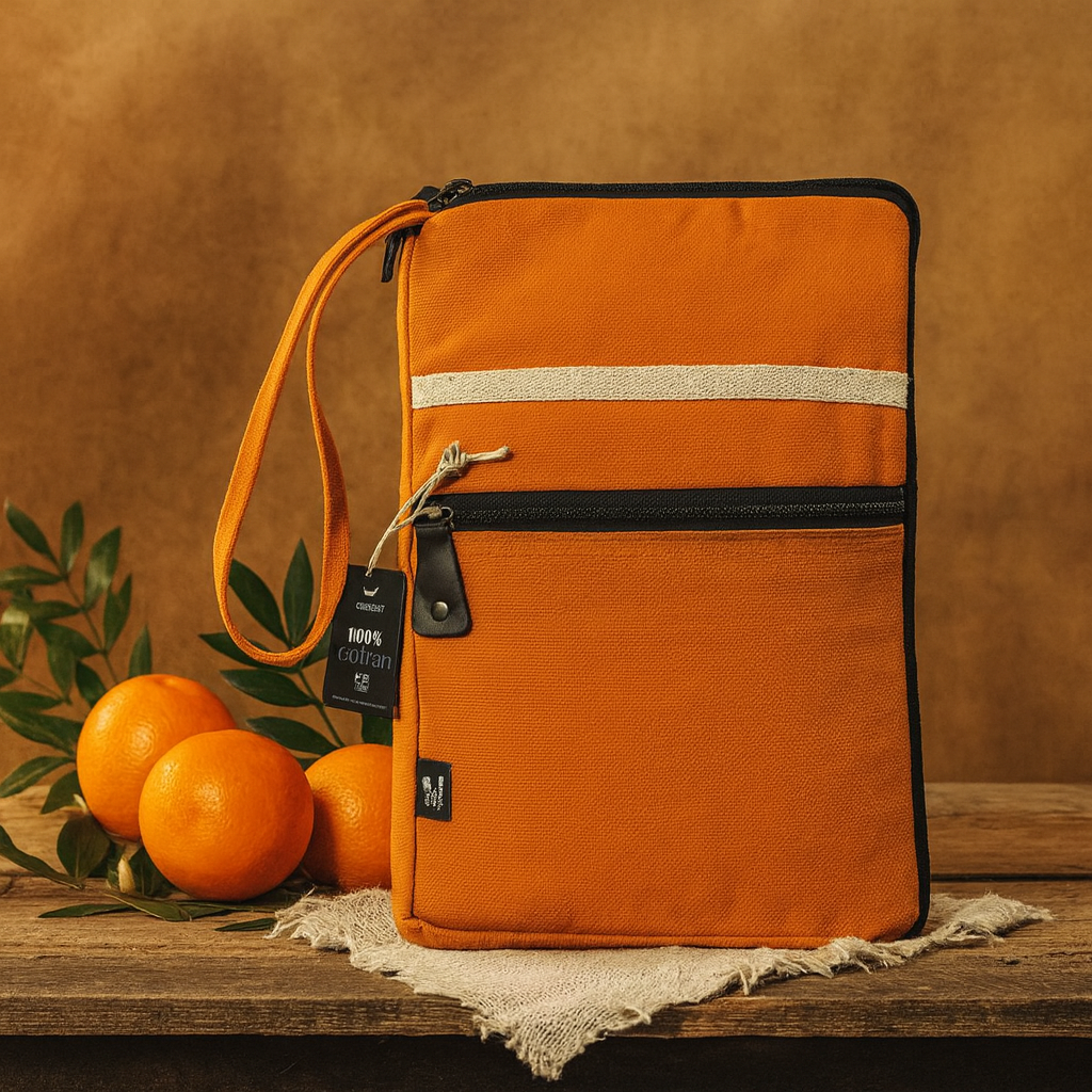 Pouzdro na tablet oranžové bavlněné plátno s extra kapsou