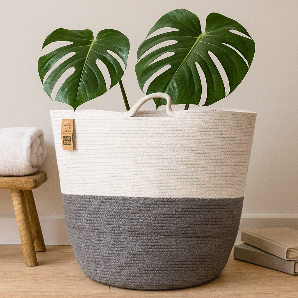 Wasmand Opbergbak Katoenen Touw Grijs Crème 45x40cm