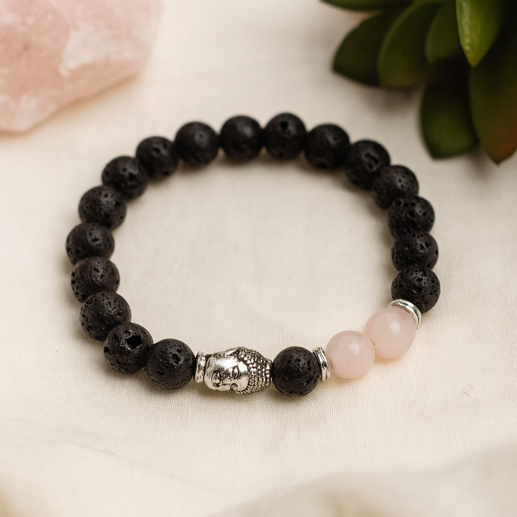 Lava Stone Bracelet With Buddha Rose Quartz