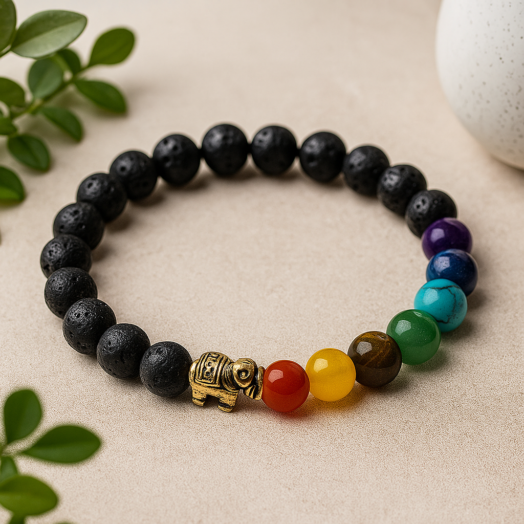 Lava stein chakra armbånd, elefant