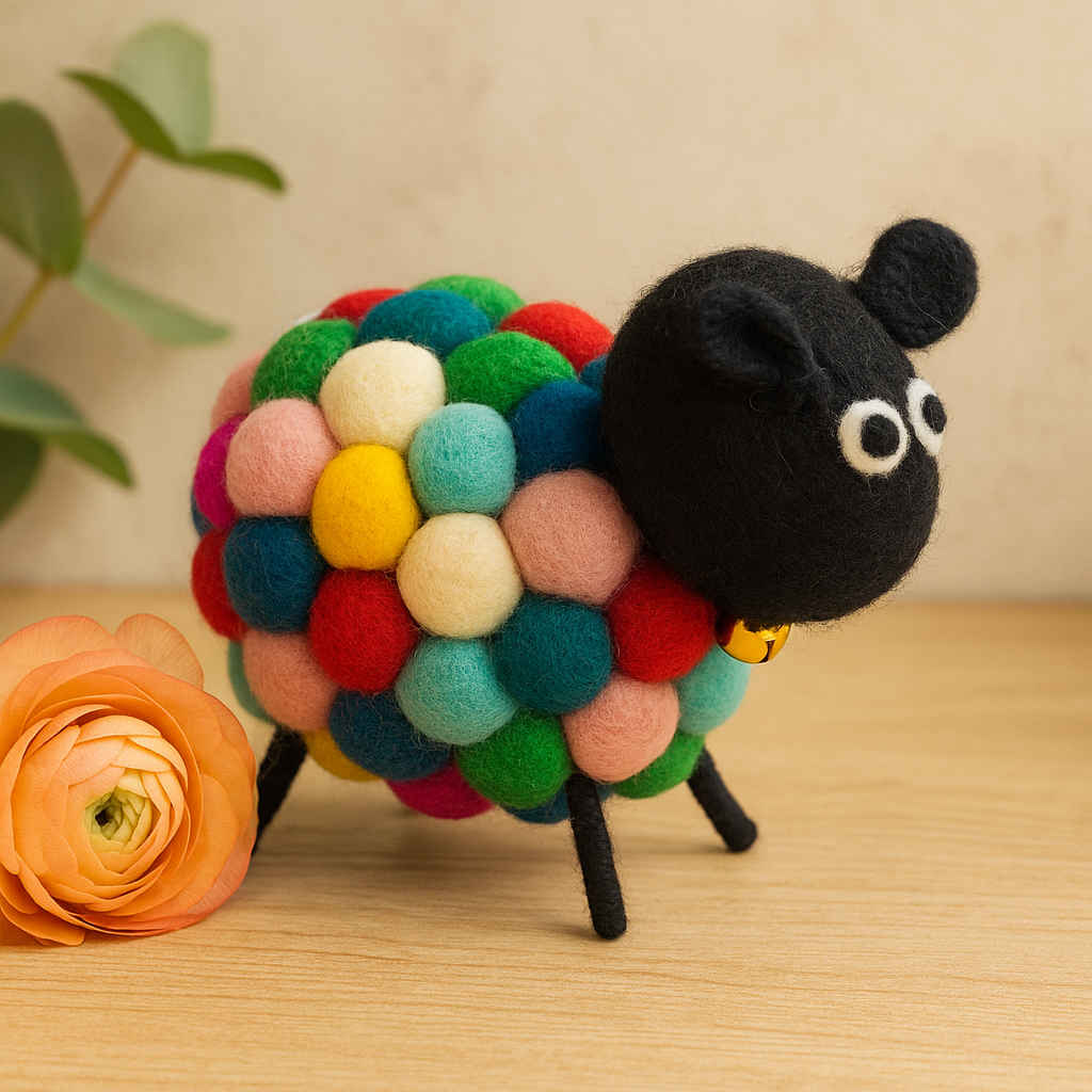 Handgefertigte mehrfarbige Schaffigur aus Filz mit goldener Glocke – umweltfreundliche Wohndekoration