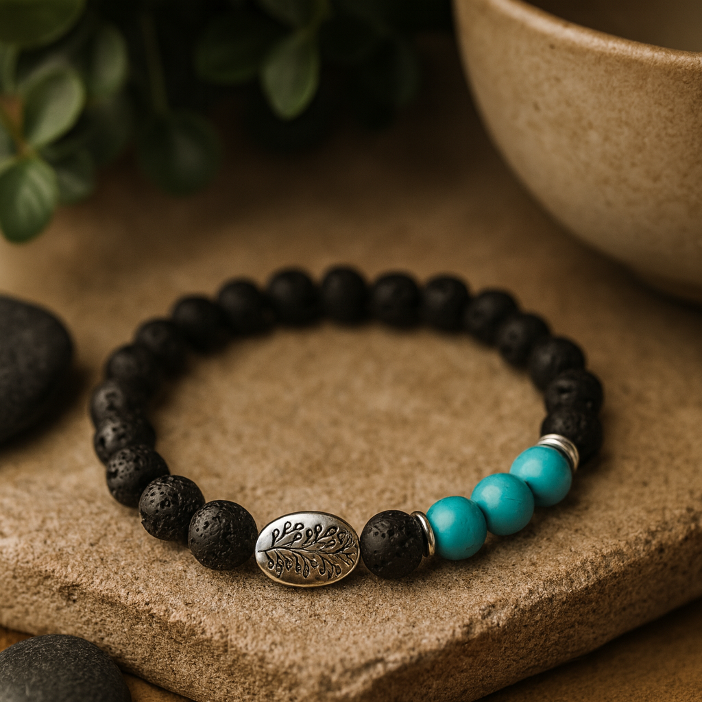 Lava Stone Bracelet With Turquoise Leaf
