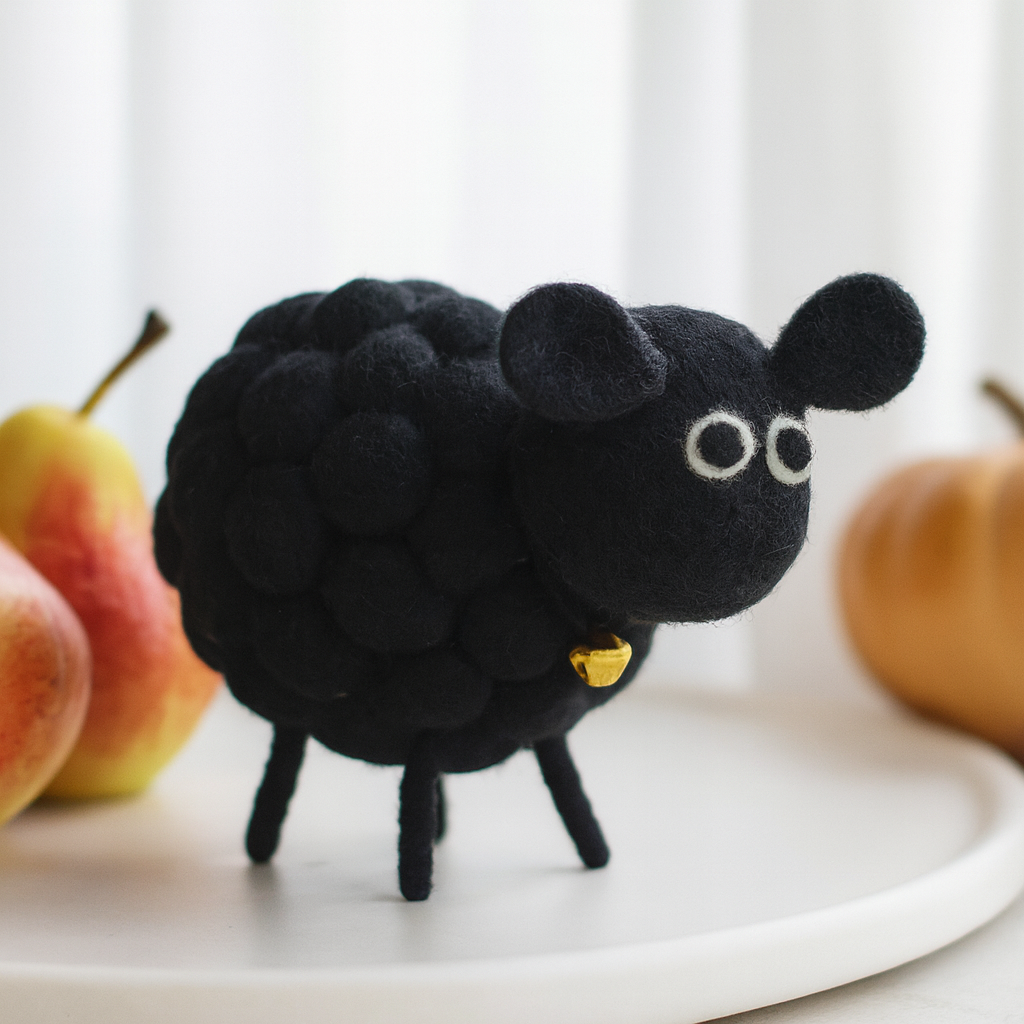 Vilten Schaap Beeldje Zwart met Gouden Bel